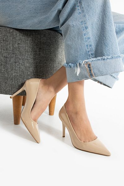 Güllü Shoes Beige Vegan Leather Patent Leather Stiletto 9cm Heeled Memory Pad Comfortable Fit Pointed Toe Women's Heels