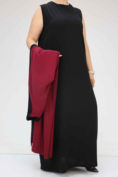 Eslina 57204 Φόρεμα Abaya με μεγάλο μέγεθος Etamine με γαρνιτούρα - Claret Red-Black
