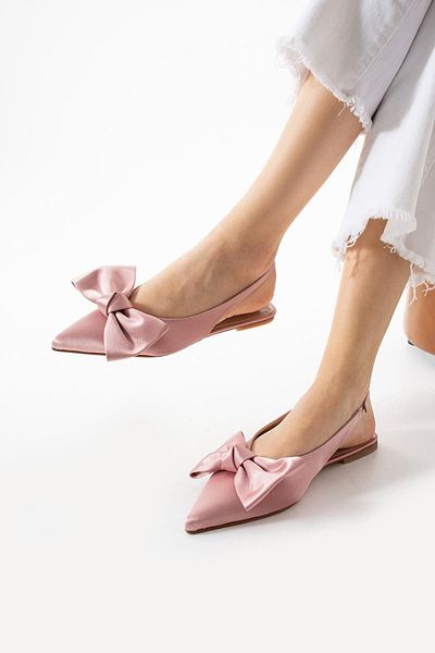 diclepolat Zeyna Powder Satin Bow Detailed Pointed Toe Women's Ballerina Shoes