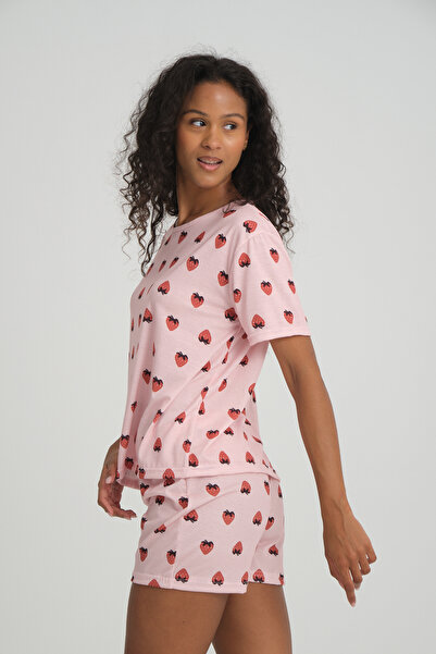 Rasabeauty iLove Kısa Kollu Şort Kadın Pijama Takımı Örme Kumaş Pamuklu Çilek...