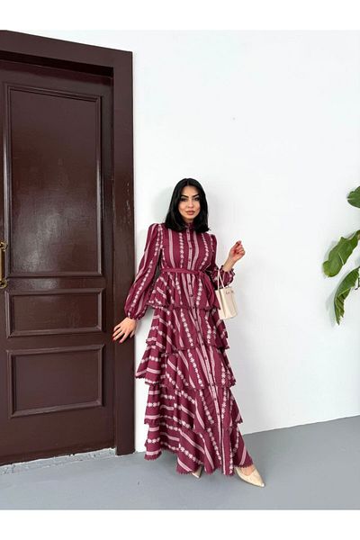WellWay Jennyfer Crepe Fabric & Lace Detailed Lined Ruffle Detailed Burgundy Dress (Belt Included)-2513
