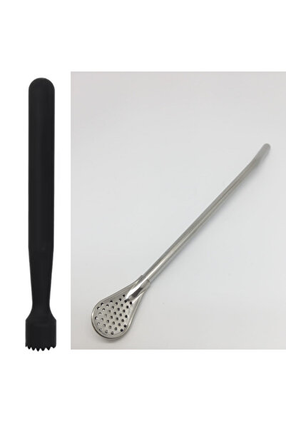 adin tasarım Mojito Tokmağı Siyah 20.7 cm ve Süzgeç Uçlu Metal Pipet 19 cm Kokteyl Tokmak ve Pipet Seti