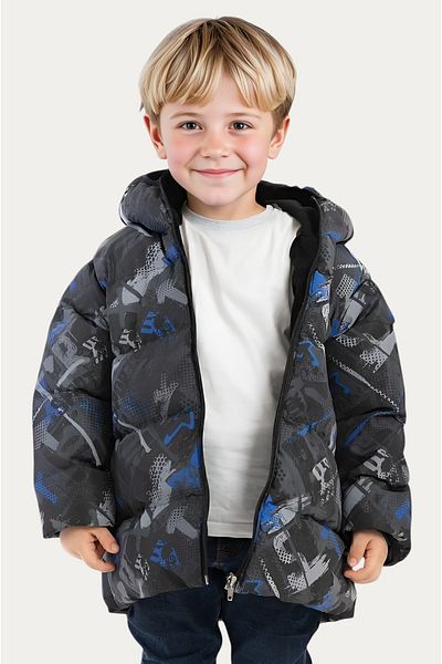 Outriverkids Boys' Winter Jacket - Saxe Anthracite, Digital Pattern, Fleece Water and Windproof, Hooded Inflatable