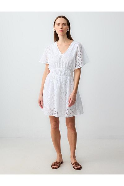 Jimmy Key White V-Neck Openwork Short Sleeve Cotton Mini Woven Dress