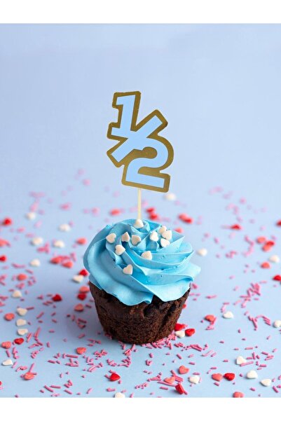 Parti Adresi Yarım Yaş Kürdan 1/2 Yazılı Cupcake Kürdanı Pasta Süsü Mavi 10'lu