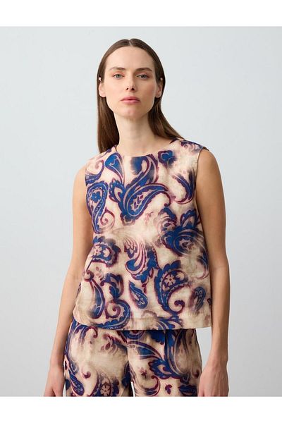 Jimmy Key Navy blue round neck sleeveless patterned linen blouse