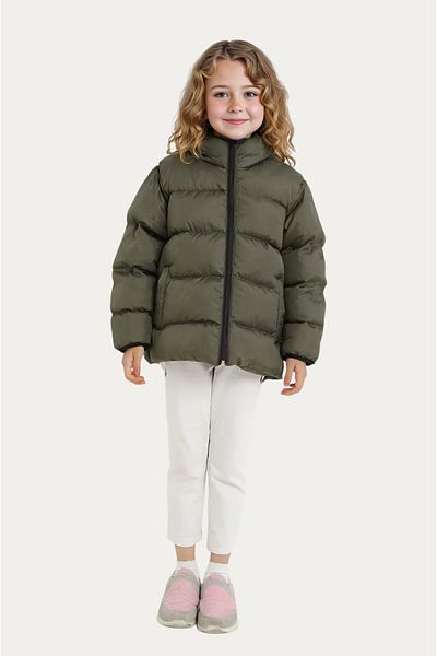 Outriverkids Girl's Khaki Fleece Inside Hooded Waterproof Wind Resistant Pocket Puffer Winter Jacket