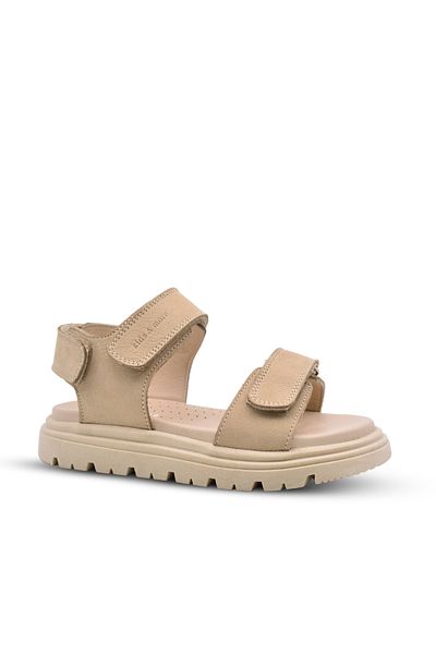 kids A more Santos Girls and Boys Double Velcro Genuine Leather Beige Sandals