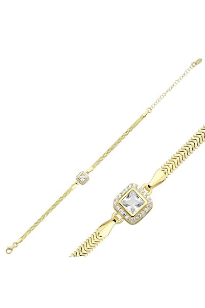 Janset S925 Ayar Halo Zirkon Taşlı İtalyan Ezme Zincirli Gümüş Bileklik - Balık Sırtı Zincirli Bileklik