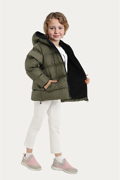 Outriverkids Girl's Khaki Fleece Inside Hooded Waterproof Wind Resistant Pocket Puffer Winter Jacket
