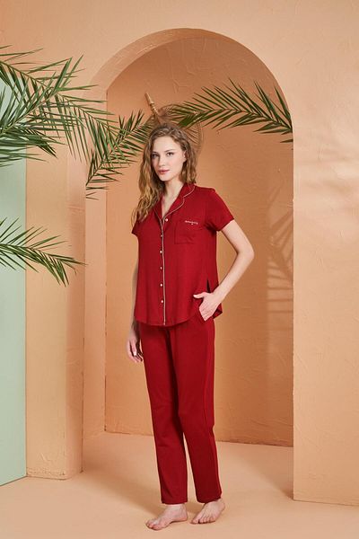 PJS Dreaming Women's Gold Detailed Buttoned Short Sleeve Pajama Set