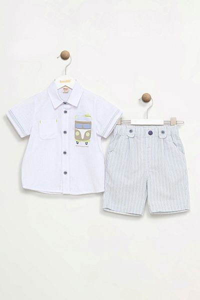 Bombili Short Sleeve Button Embroidered Shirt Striped Elastic Pocket Cotton Shorts Baby Boy Set