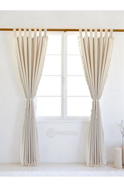 pamukidea Biritli Cream Pompom - Tasseled 100% Cotton Buldan Linen Rustic Curtain - Single Wing - (En X Size)