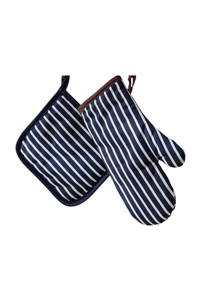 Madame Coco Vernon Set of 2 100% Cotton Kitchen Gloves Navy Blue White Heat Resistant Oven Gloves