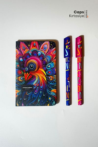 caps office Peacock Themed A6 Notebook & 2 Colored Gel Pens Set – 80 Sheets - Stationery Set
