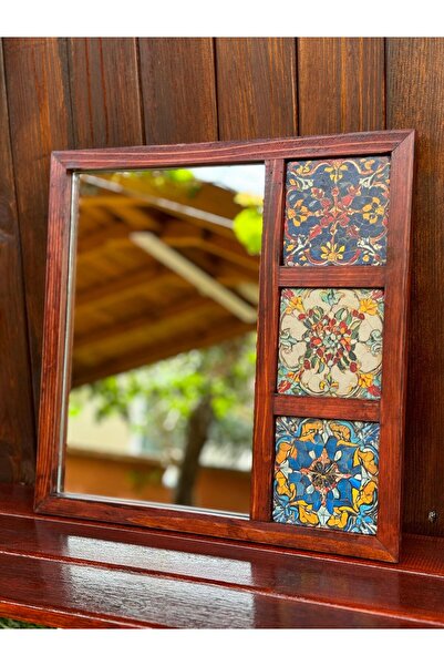 Butik Doğal Ahşap Çerçeveli UV Baskılı 3lü Taş Ayna 38x38 cm (Vitray) Konsol Aynası