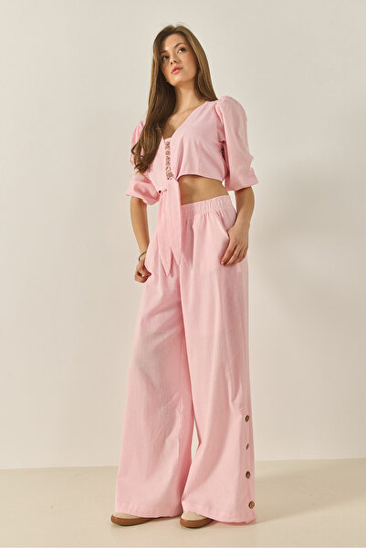 Bianco Lucci Γυναικεία λεπτομέρεια με κορδόνια μπλούζα με επένδυση με κουμπιά παντελόνι λινό κάτω-κορυφή κοστούμι 9266 60281046