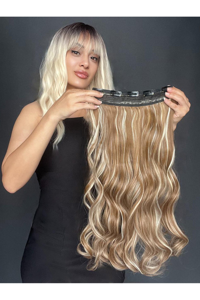 Suzan Peruk Dalgalı Geniş Parça Yarımay Çıtçıt Saç Röfleli Kumral sarı