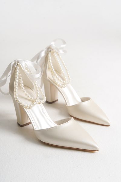 FOLLOWIN Women's Bride Pearl Thick Heeled Wedding Wedding Bridal Shoes
