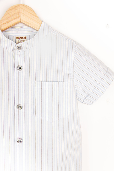Bombili Short Sleeve Summer Vertical Striped Pocket Button Collar Comfortable Casual Boy's Shirt