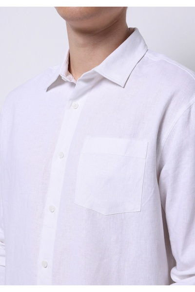 Colin's Relaxed Fit Shirt Neck Düz Erkek Keten Karışımlı Beyaz Uzun Kol Gömlek
