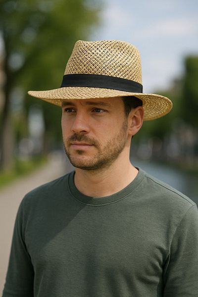 LAGRANZE Moss Fiber Black Ribbon Straw Fedora Hat