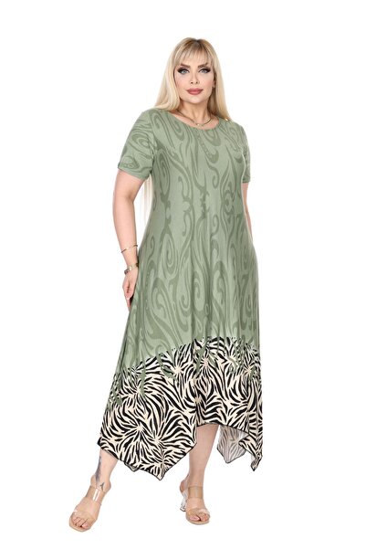 Hazinedan Γυναικείο κοντομάνικο ασύμμετρο χακί φούστα με ριγέ σχέδιο φόρεμα σε μεγάλο μέγεθος