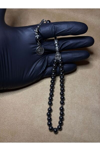 YYBSTORE Erkek Hematit Doğal Taş Tesbih – Parlak Siyah Taşlı, Gümüş İşlemeli ...