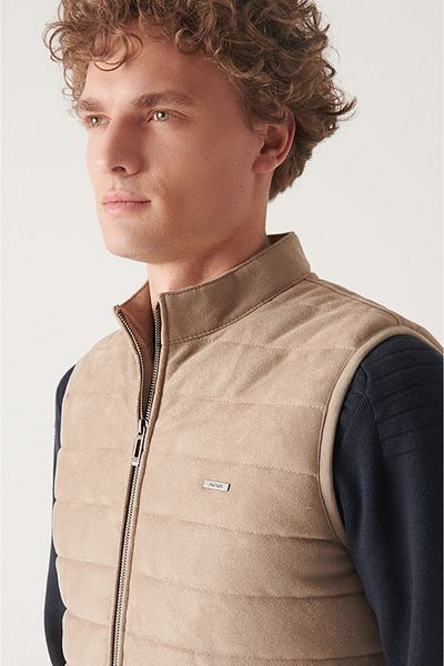 Avva Men's Beige Stand Collar Faux Suede Quilted Puffer Vest A22Y6505