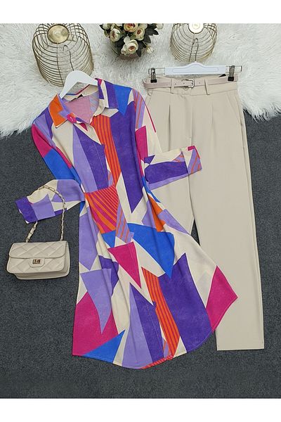 Modamorfo Mixed Patterned Long Viscose Tunic -Purple