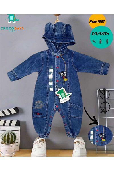 CROCODAYS Unisex Kids Baby Jeans (Jeans) Embroidered Hooded Jumpsuit (3/6/9/12) Months