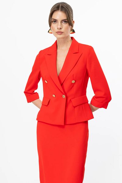 Ekol Women's Double Breasted Collar Double Sleeve Jacket 4240 Coral