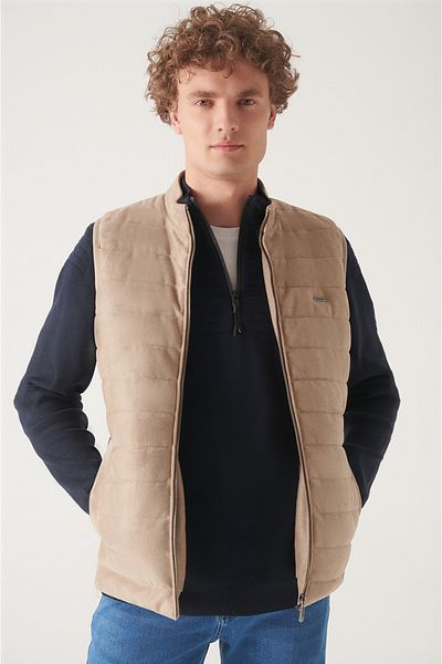 Avva Men's Beige Stand Collar Faux Suede Quilted Puffer Vest A22Y6505