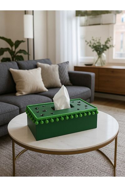 Fun Life Green Wooden Handkerchief Box - Handmade Decorated with Pompoms