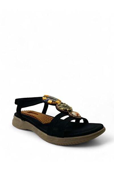 Tuğba Ortopedi 7073 Γυναικεία Ανατομικά Μαύρα Σανδάλια Μασάζ με Πέτρα
