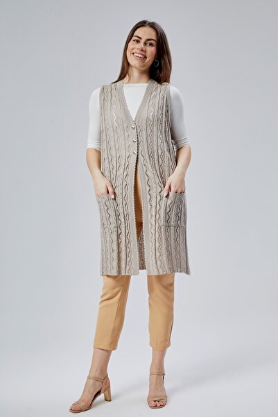 Genel Markalar Kadın Standart V Yaka Zikzak Desenli Uzun Cepli Anne Yelek