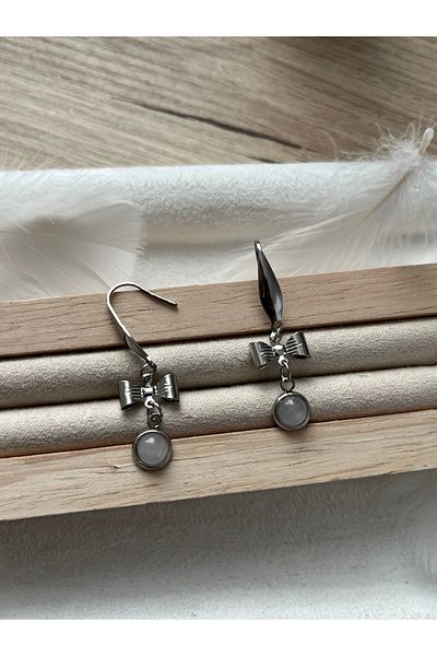 Pel Design Pink Quartz Stone Ribbon Detailed Steel Earrings Handmade