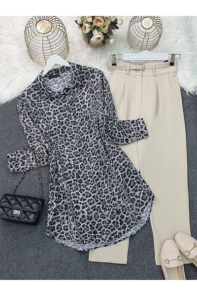 Modamorfo Leopard Pattern Buttoned Oval Cut Shirt - Gray