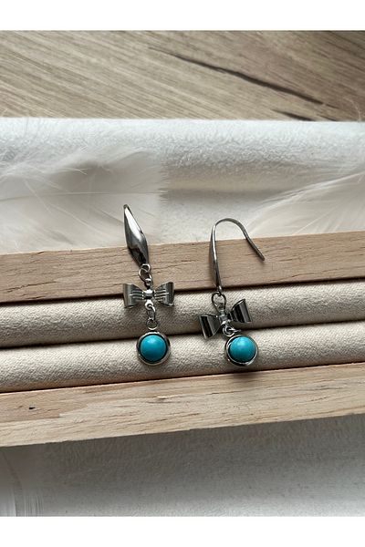 Pel Design Turquoise Turquoise Stone Ribbon Detailed Steel Earrings Handmade