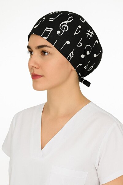 GTB BUTİK Siyah Nota Desenli Doktor Hemşire Aşçı Bonesi Unisex Cerrahi Bone