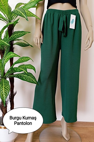 VİP BERA TEKSTİL Kadın Yeşil Beli Lastikli Dökümlü Geniş Paça Burgu Kumaş Pal...