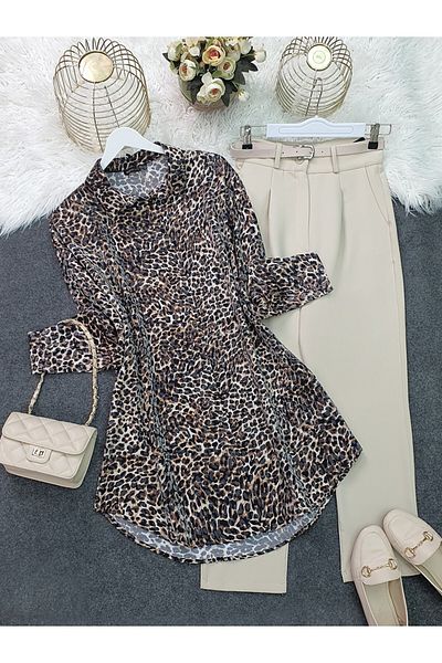 Modamorfo Leopard Pattern Buttoned Oval Cut Shirt -Leopard