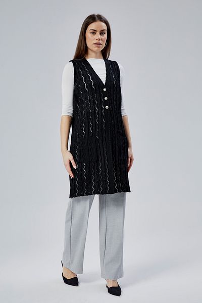 fabriqha Women's Standard V-Neck Zigzag Patterned Long Pocket Mother Vest