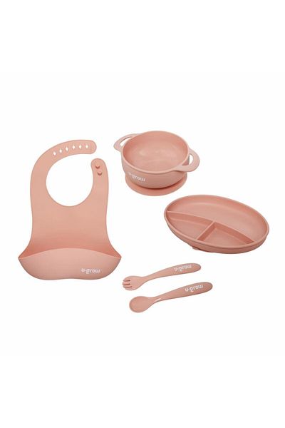 U-Grow 5-piece silicone diversification set: bib, bowl, plate, spoon and fork, pink,