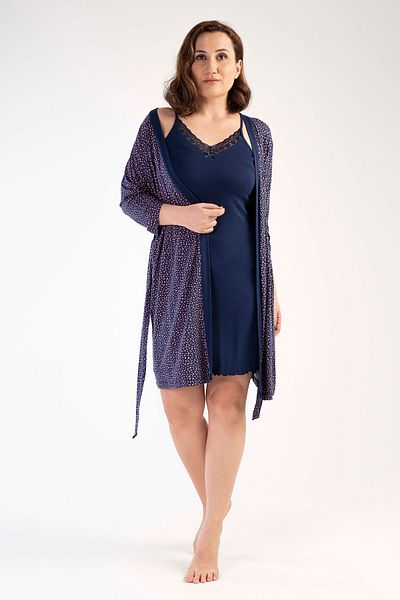 VİENETTA Women's Viscose Large Size Rope Strap Nightgown 3/4 Sleeve Dressing Gown Set, 212384