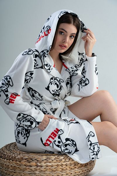 VİENETTA Women&#39;s Bright White Cotton Fleece Hooded Short Dressing Gown