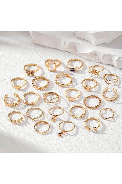 Takıtolia Zephyr - 25 Pieces Gold Color Pearl Flower Figured Stylish Design Vintage Multiple Elegant Gold Ring Set