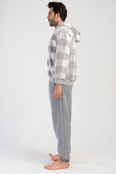 VİENETTA Men's Fleece Hooded Low Shoulder Long Sleeve Zippered Kangaroo Pajama Set, 403078
