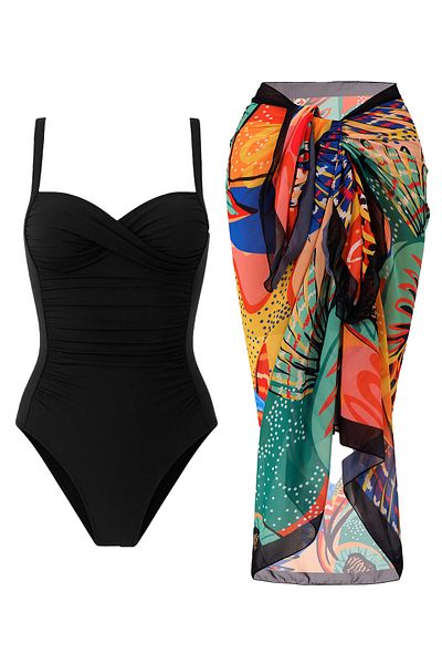 CUPSEA Women's Gathering Draped Swimsuit Bodrum Pareo Set of 2 Stylish and Slimming Effect
