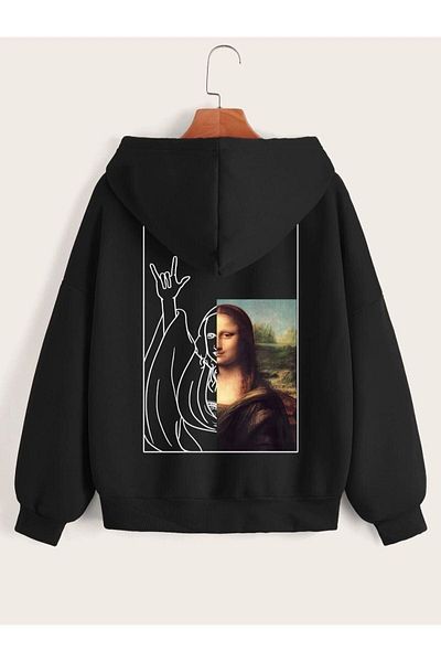 Pisa Art Unisex Μαύρο Μοναλίζα με στάμπα Oversize με κουκούλα